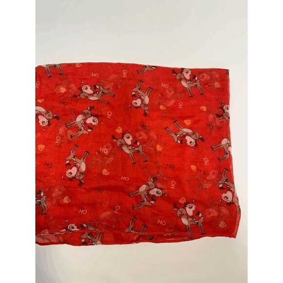 Festive Holiday Christmas Scarf Santa and Deer Print Red - Picture 1 of 3